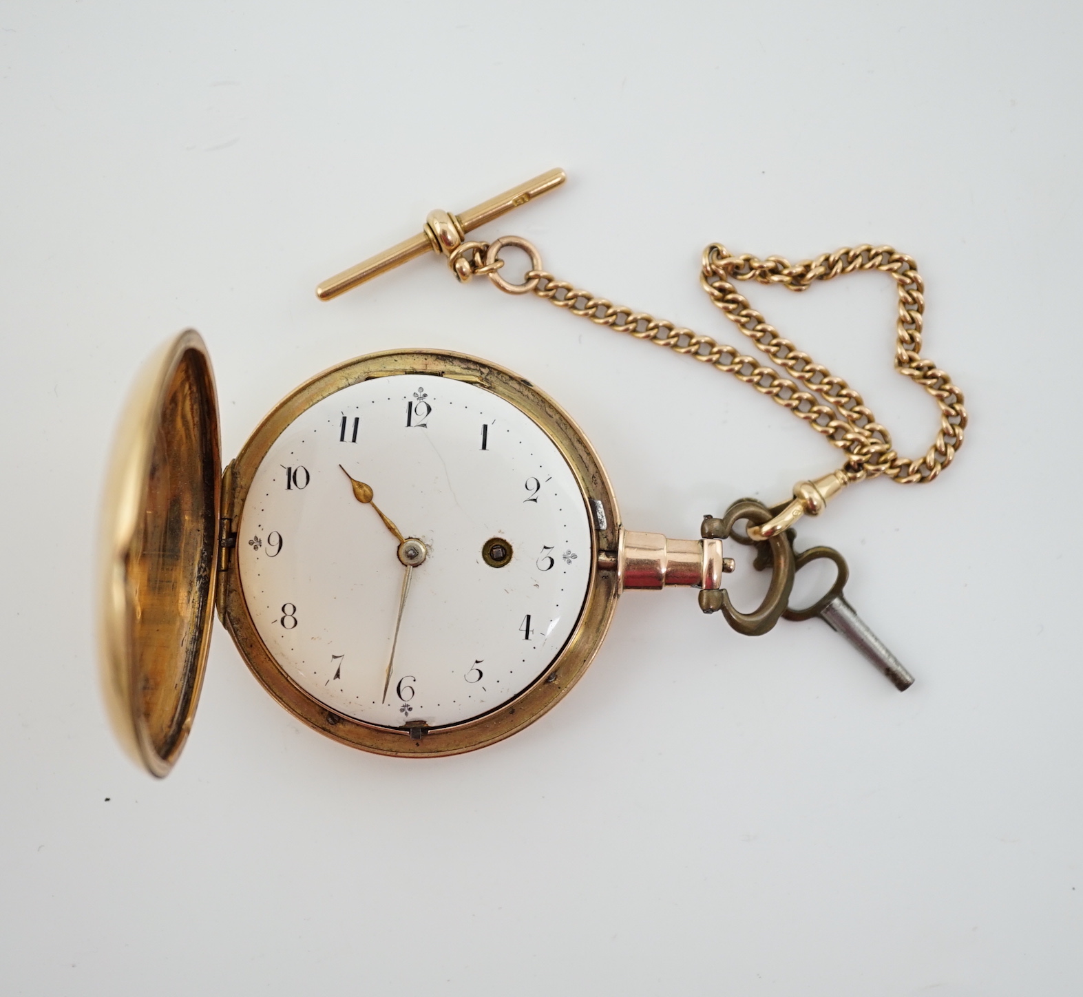 A George III 18ct gold hunter pocket watch by Abraham Samuel, together with a 15ct gold albert and base metal key